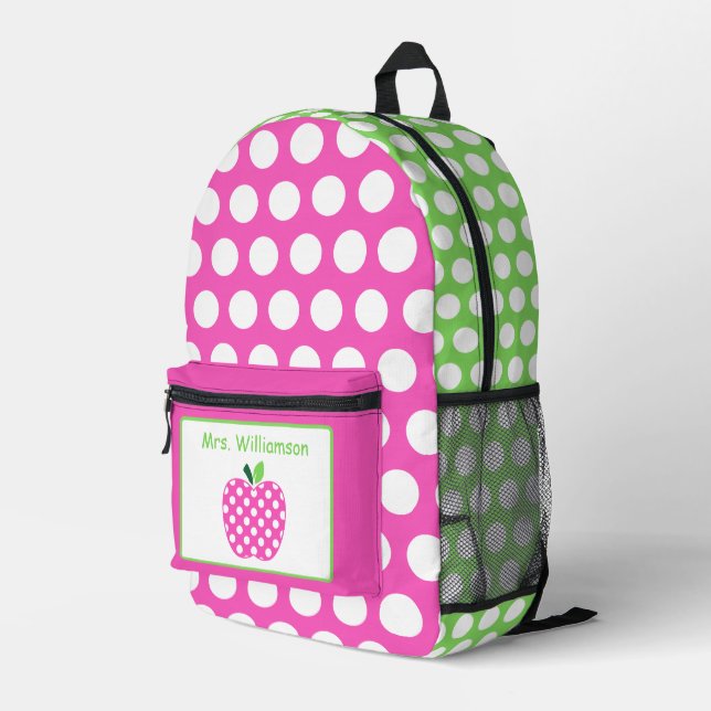 Pink and Green Polka Dot Teacher's Apple Printed Backpack (Back Corner Right)