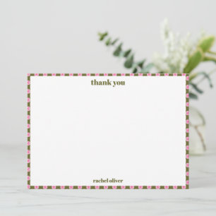 Pink and Green Preppy Floral Check Personalized Thank You Card