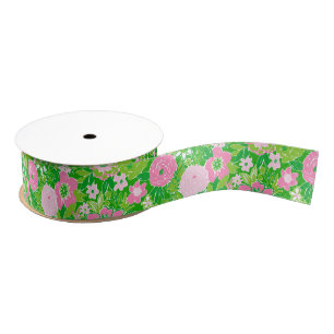 Pink and Green Preppy Palm Beach Floral Grosgrain Ribbon