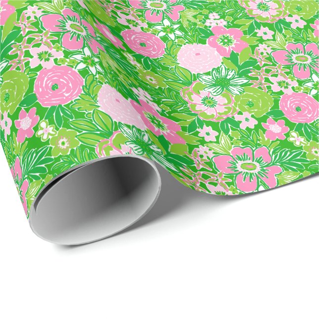 Pink and Green Preppy Palm Beach Floral Wrapping Paper (Roll Corner)