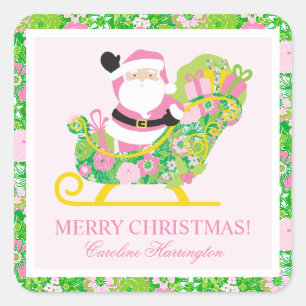 Pink and Green Preppy Palm Beach Santa Enclosure Square Sticker