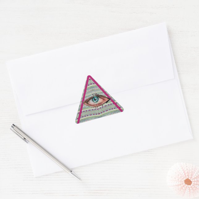 Pink and Green Pretty Eye Hearts Triangle Sticker (Envelope)