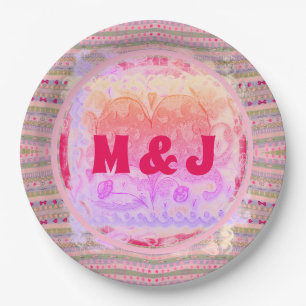 Pink and Green Pretty Hearts Pattern and Initials Paper Plate