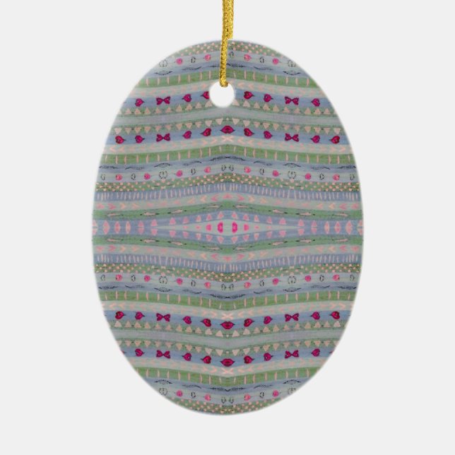 Pink and Green Pretty Hearts Pattern Ceramic Ornament (Front)