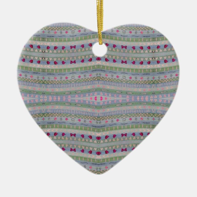 Pink and Green Pretty Hearts Pattern Ceramic Ornament (Front)