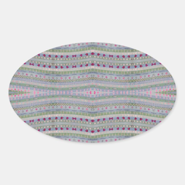 Pink and Green Pretty Hearts Pattern Oval Sticker (Front)