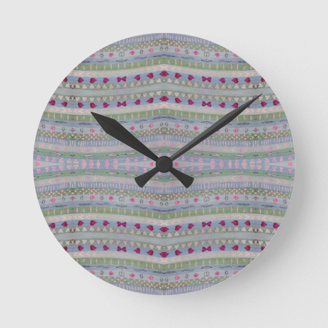 Pink and Green Pretty Hearts Pattern Round Clock (Front)