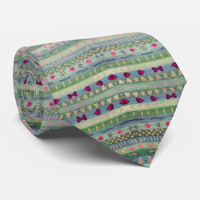 Pink and Green Pretty Hearts Pattern Tie (Rolled)