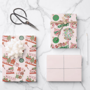 Pink and Green Retro Christmas Wrapping Paper Sheet