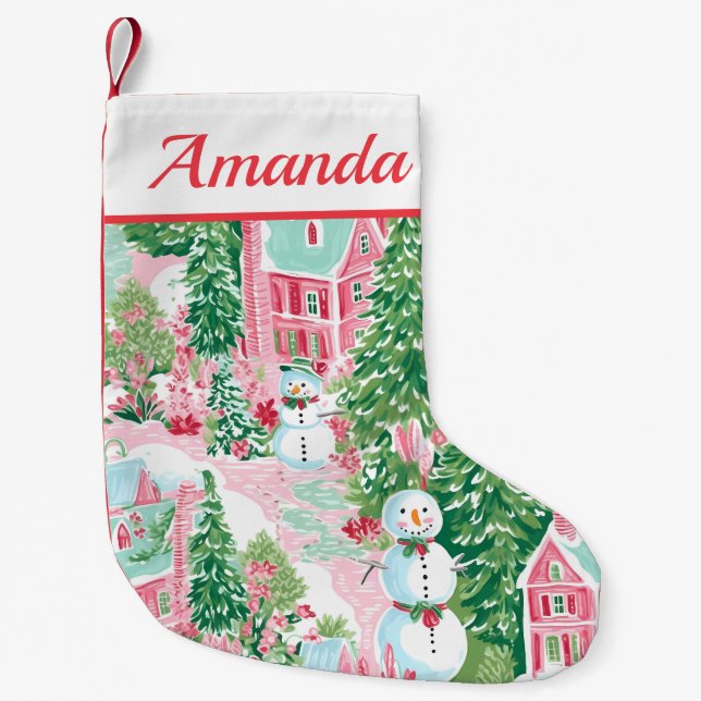 Pink and Green Snowmen Small Christmas Stocking (Front)
