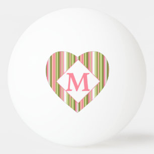 Pink and Green Spring Stripe Monogrammed Heart Ping Pong Ball