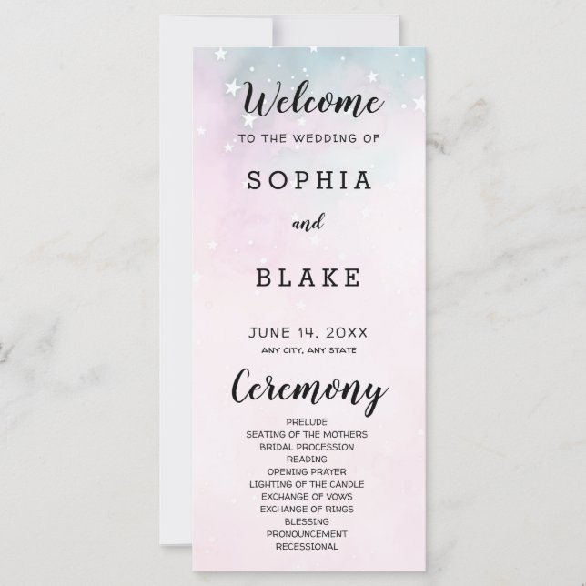 Pink and Green Stars Celestial Wedding Program (Front)