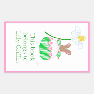 Pink and green stripe daisy bunny bookplate sticker