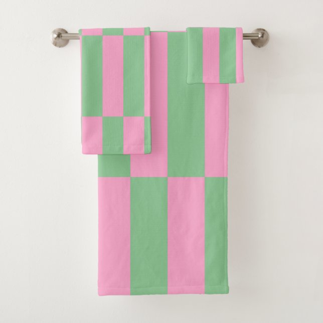 Pink and Green Striped Geometric Pattern Bath Towel Set (Insitu)