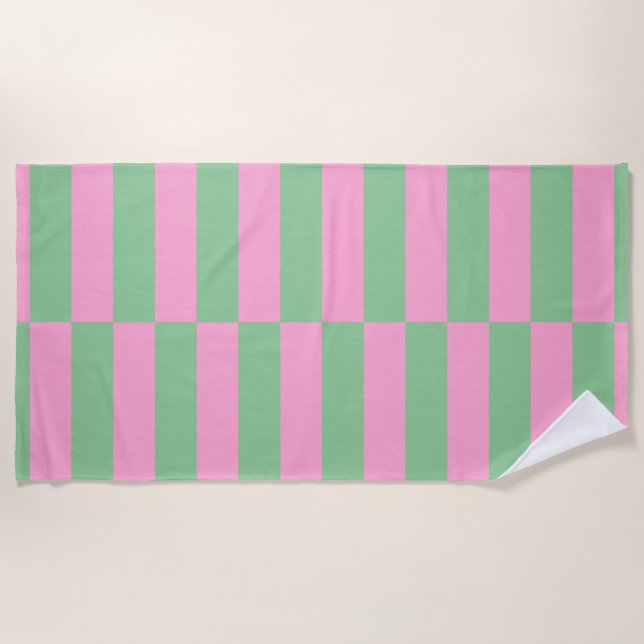 Pink and Green Striped Geometric Pattern Beach Towel (Front)