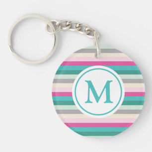 Pink and Green Striped Monogrammed Keychain
