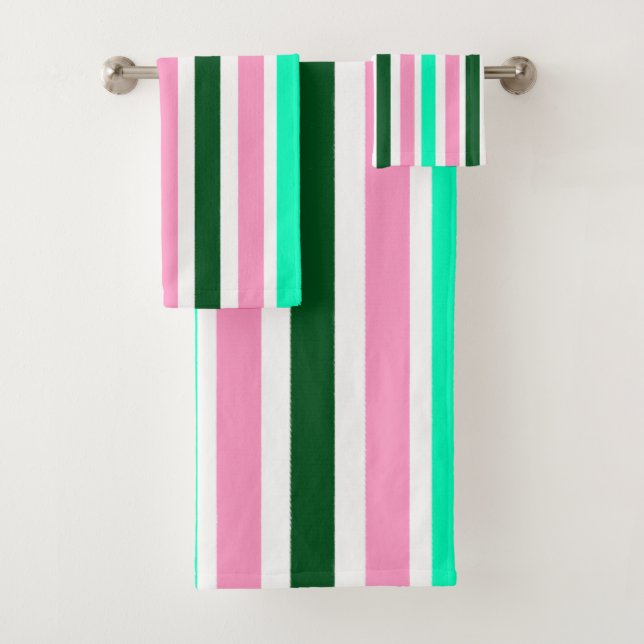 Pink and Green Stripes  Bath Towel Set (Insitu)
