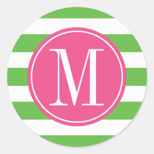 Pink and Green Stripes Custom Monogram Classic Round Sticker