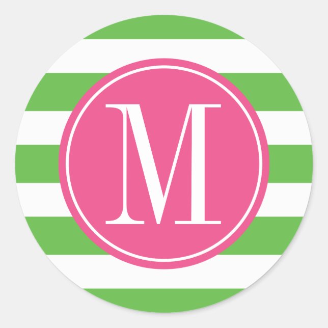 Pink and Green Stripes Custom Monogram Classic Round Sticker (Front)