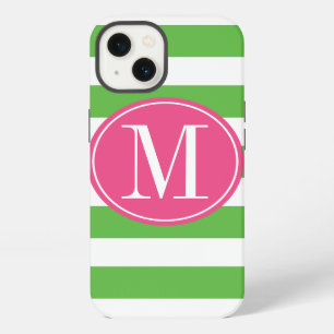 Pink and Green Stripes Custom Monogram iPhone 13 Case