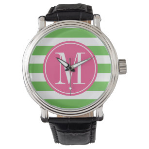 Pink and Green Stripes Custom Monogram Watch