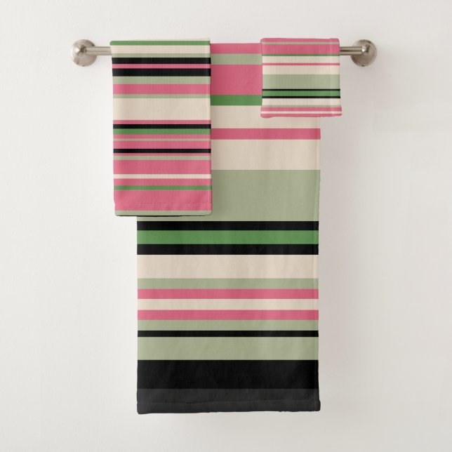 Pink and Green Stripes Mid-Century Modern    Bath Towel Set (Insitu)