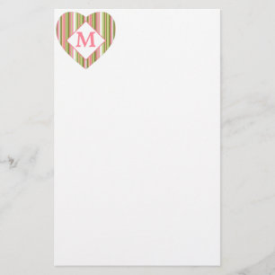 Pink and Green Stripes Personalized Monogram Stationery
