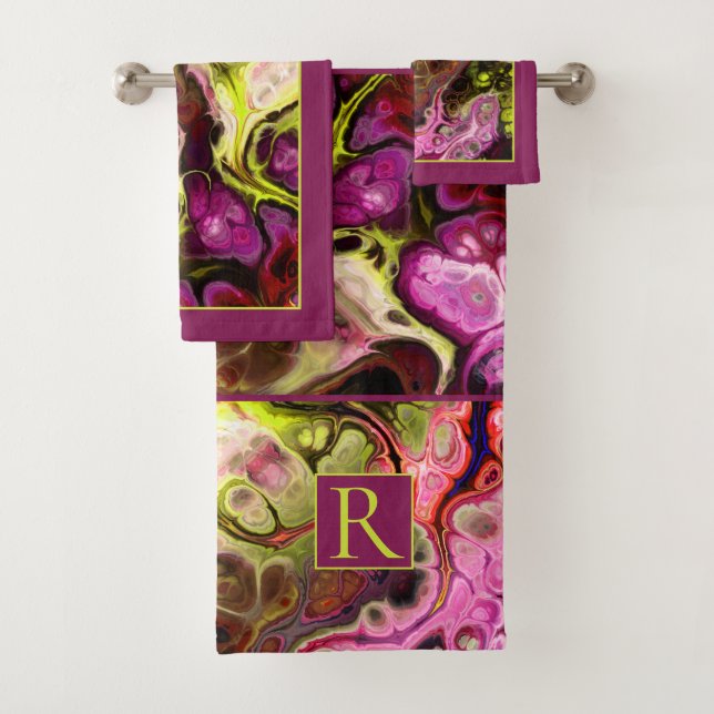 Pink and green tie dye marble pattern and monogram bath towel set (Insitu)