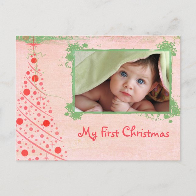 Pink and Green Tree First Christmas Photo Postcard (Front)