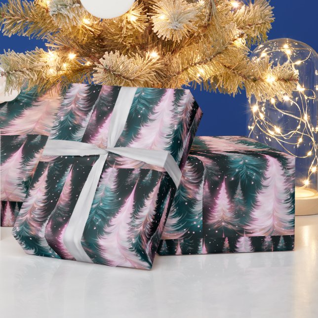 Pink and Green Trees Modern Christmas Wrapping Paper (Holidays)