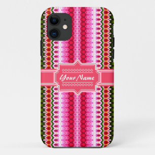 Pink and Green Tribal Ikat Chevron Personalized iPhone 11 Case