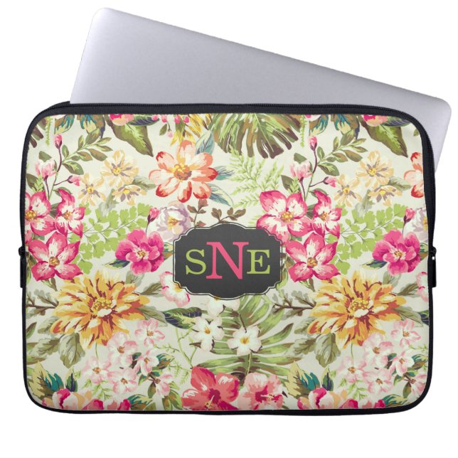 Pink and Green Tropical Floral Laptop Sleeve (Front)