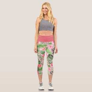 Pink and Green Tropical Flowers Capri Leggings