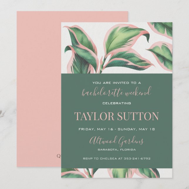 Pink and Green Tropical Foliage Bachelorette Party Invitation (Front/Back)