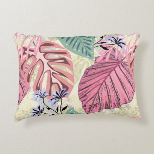 Pink and green tropical leaves, blue flowers. accent pillow