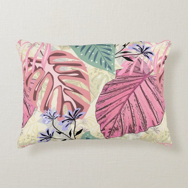 Pink and green tropical leaves, blue flowers. accent pillow (Front)