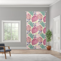 Pink and green tropical leaves, blue flowers.