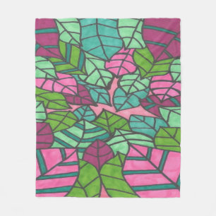 Pink and Green Tropical Leaves Fleece Blanket