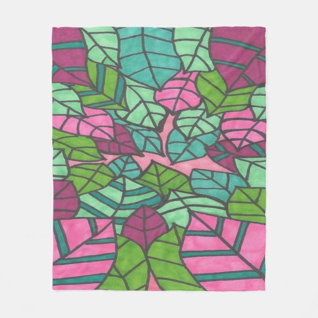 Pink and Green Tropical Leaves  Fleece Blanket (Front)