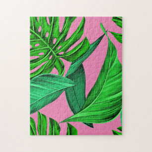 Pink and Green Tropical Leaves Jigsaw Puzzle