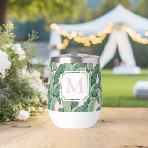 Pink and Green Tropical Leaves   Monogram Cabana
