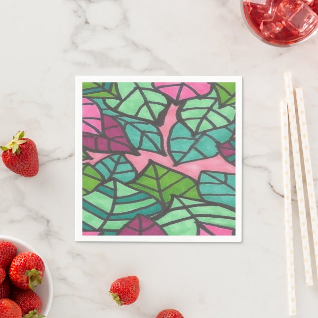 Pink and Green Tropical Leaves Napkin (Insitu)