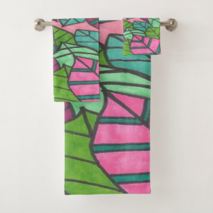 Pink and Green Tropical Leaves Print  Bath Towel Set