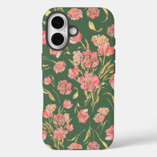 Pink and green tulip floral watercolor iPhone 16 case