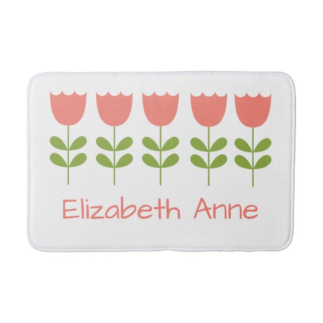 Pink and Green Tulips Personalized Reversible Bath Mat (Front)