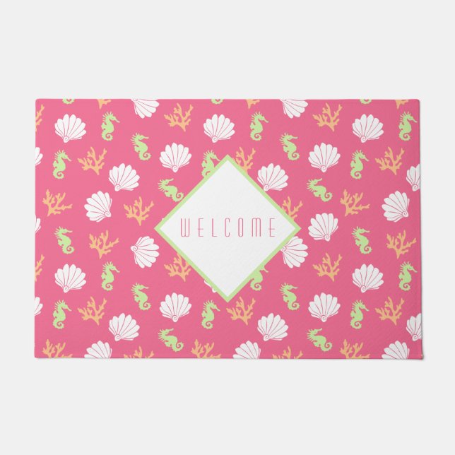 Pink and Green Under The Sea Pattern Welcome Doormat (Front)