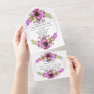 Pink And Green Watercolor Floral Wedding All In One Invitation