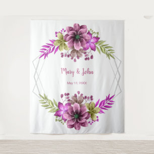 Pink And Green Watercolor Floral Wedding Photo Tapestry