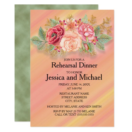 Pink and Green Watercolor Floral Wedding Rehearsal Card