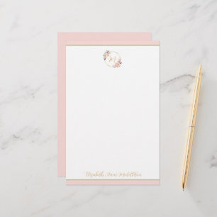 Pink and Green Watercolor Floral Wreath Monogram Stationery